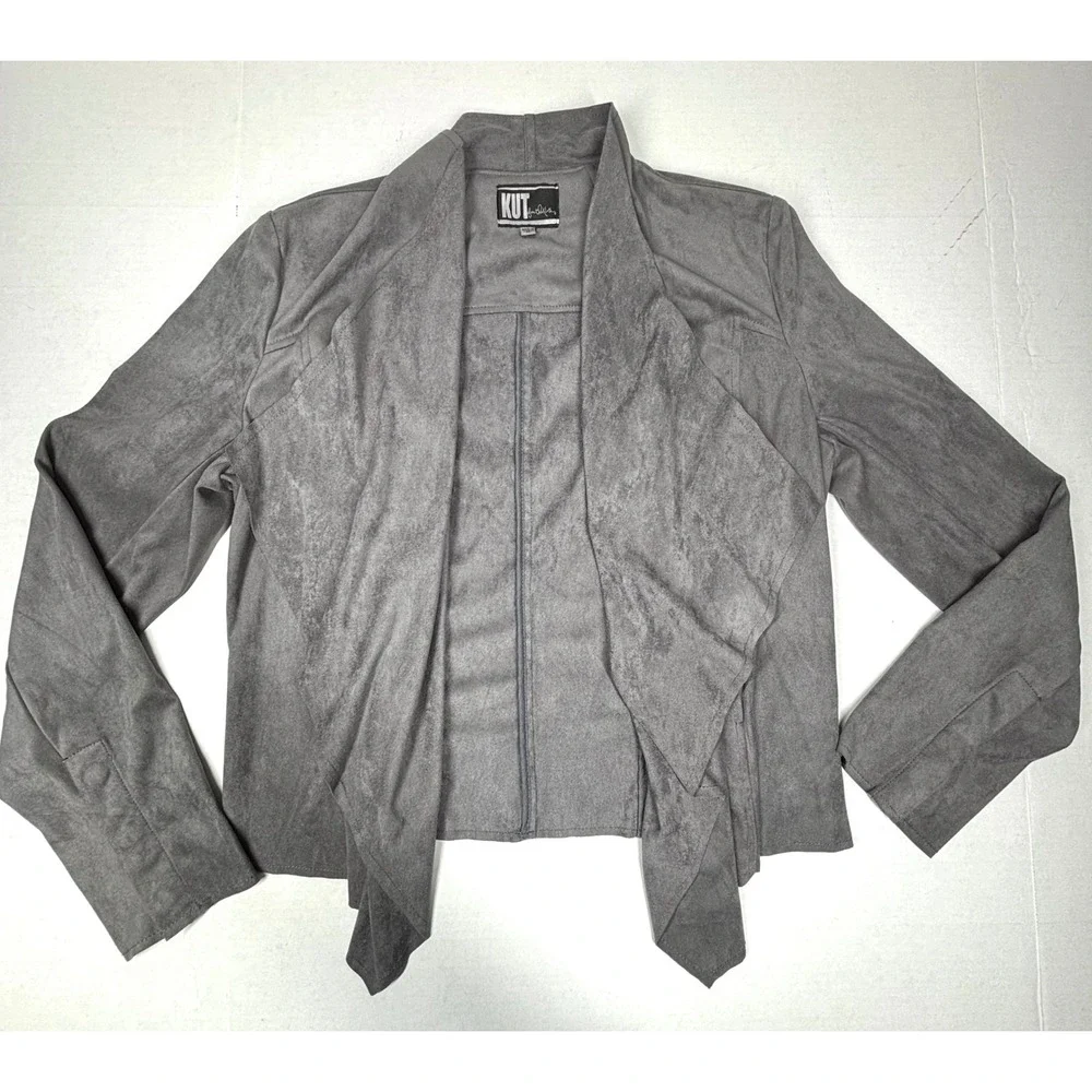 KUT from the Kloth Tayanita Faux Suede Drape Front Jacket Gray Medium Moto NWOT - Picture 8 of 8